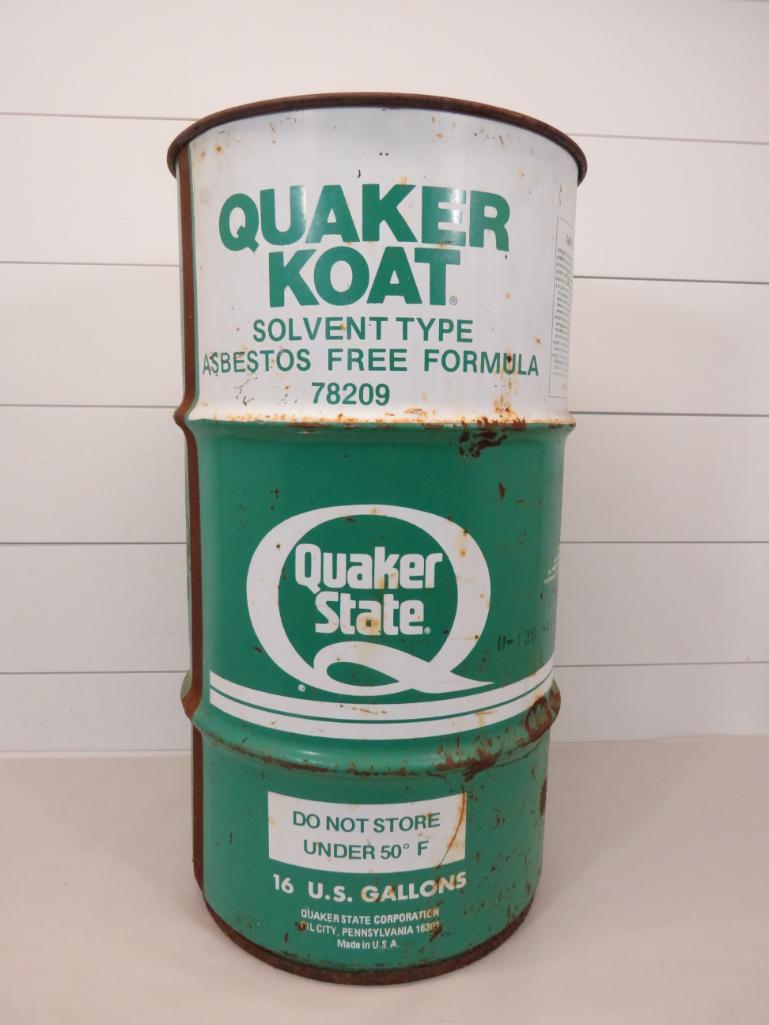 Quaker State 16 Gal. Barrel: Showing condition issues as in rust, paint loss as well as scratches and minor dings and dents. No holes in bottom/ not rusted through anywhere. 26 3/4" H x 14 12"