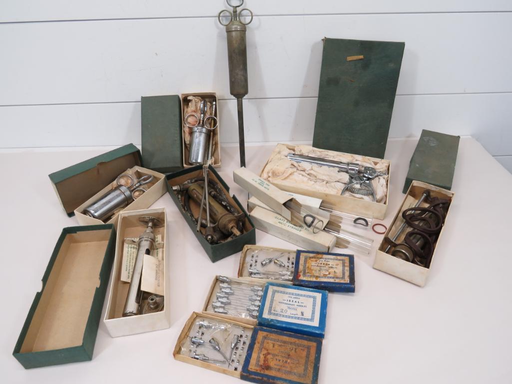 Vintage Veterinary Medical Equipment: This item is shippable. We offer combined shipping in-house. Most are made by IDEAL and the lot contains syringes, inoculators, and other sundry pieces. Photos will serve to represent any other condit