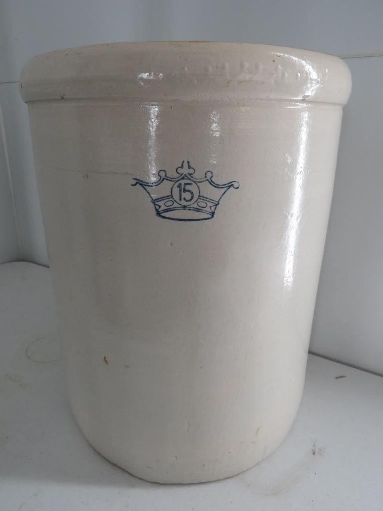 Blue Crown 15 Gal. Stoneware Crock: This item is for DELIVERY or PICK-UP only. It cannot be shipped through any commercial ground courier service. Dimensions: 15 1/2" diameter, 21 1/2" H Crock is solid with no chips, cracks or b