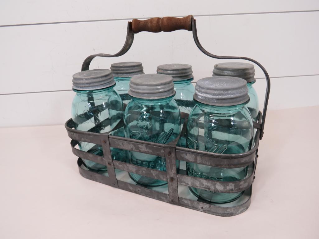 Galvanized Tin Carrier with Vintage Blue Ball Jars (1 of 7)