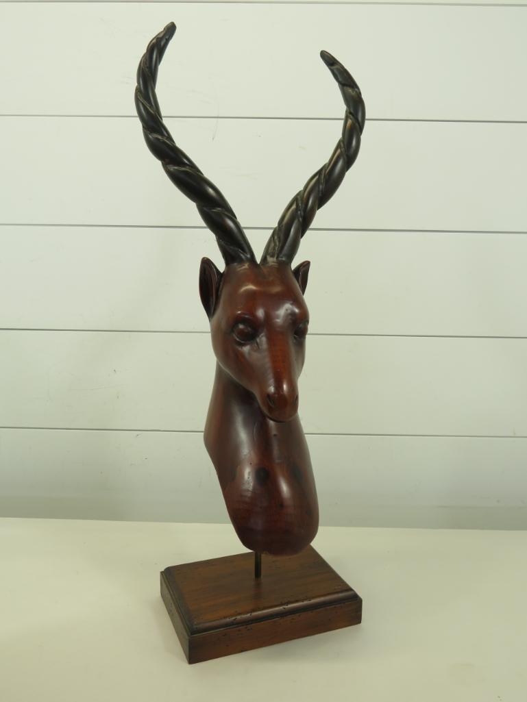 Mid Century Antelope Carving: This item is shippable. We offer combined shipping in-house. Dimensions: 27" overall height, 8" wide, 10 1/4" antler span Made in Spain and carved from wood. Very unique and in fine condit