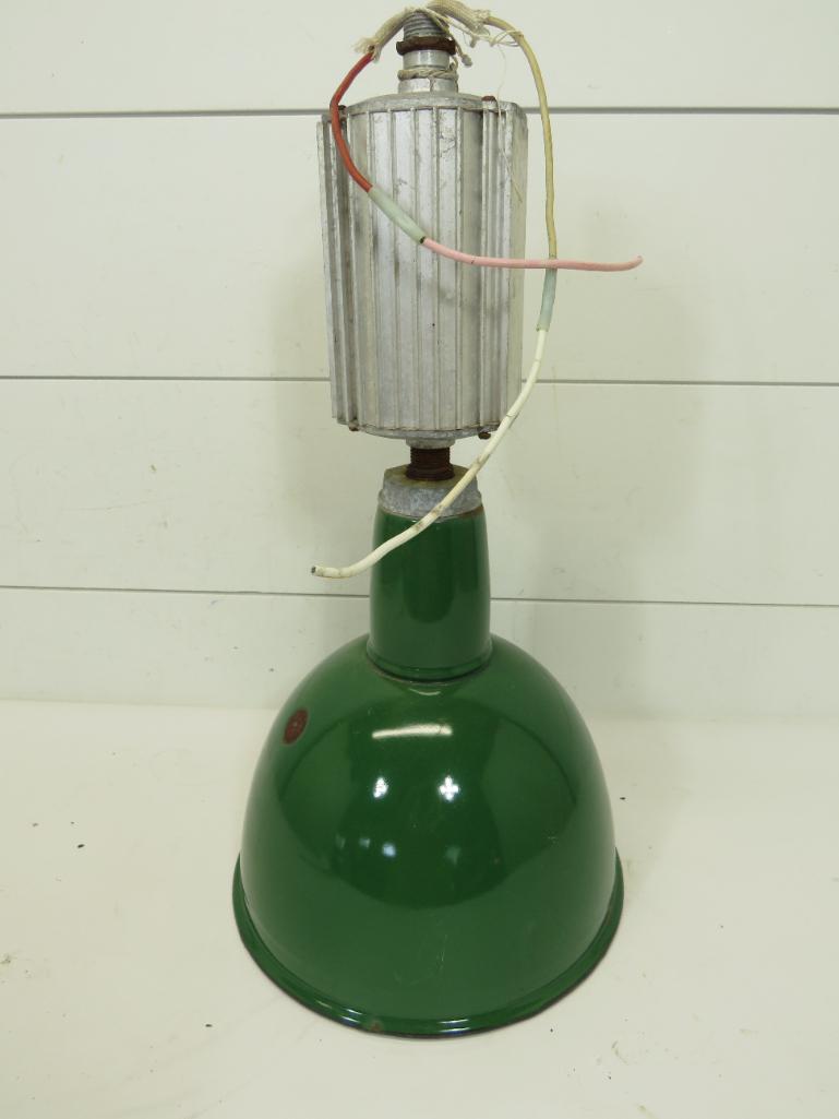 Green Enameled Gas Station Style Light: This item is shippable. We offer combined shipping in-house. Dimensions: The green part is 10" D x 10" H and the post is 8" H. The light does have some chips and rust spots. Untested. This