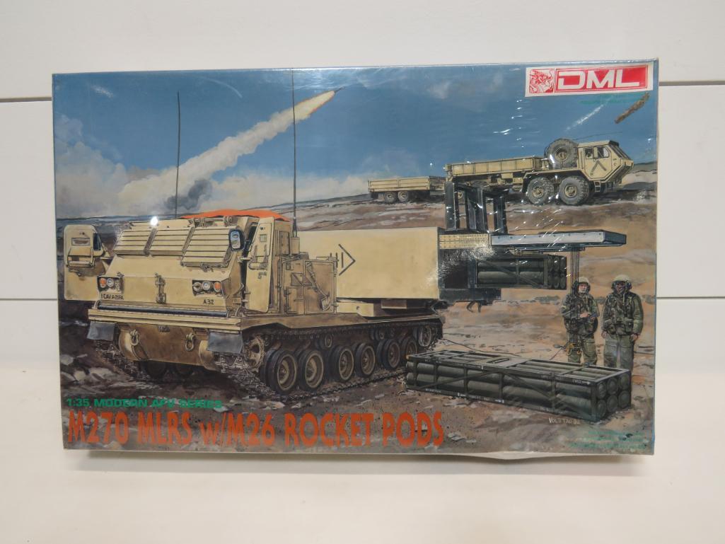 DML M270 MLRS w/M26 Rocket Pods 1:35 Scale Kit: This item is shippable. We offer combined shipping in-house. Dimensions: 1:35 scale Factory sealed. Model #3523 Photos will serve to represent any other condition issues. Condition reports will be a