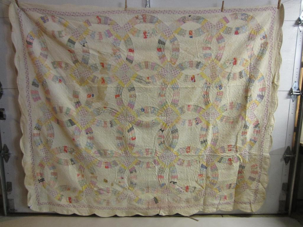 Vintage Hand Stitched Patchwork Quilt - Double Wedding Ring (1 of 17)