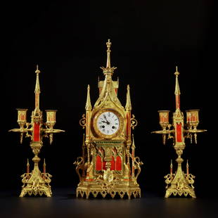 A Set of Bronze-gilt Clock with Candlesticks: A Set of Bronze-gilt Clock with Candlesticks. H 62cm; L 22cm; W 17cm; 13.8kg