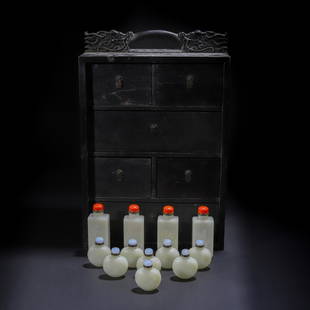 A Set of Chinese White Jade Snuff Bottles with Box: A Set of Chinese White Jade Snuff Bottles with Box. H 46cm; W 34cm; 14kg