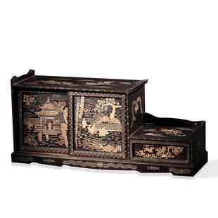 A Chinese MOP Inlaid Wooden Cabinet: A Chinese MOP Inlaid Wooden Cabinet. L 85cm; W 26cm; H 39.5cm