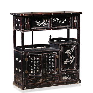 A Chinese MOP Inlaid Wooden Cabinet: A Chinese MOP Inlaid Wooden Cabinet. H 80cm; L 72cm; W 25cm