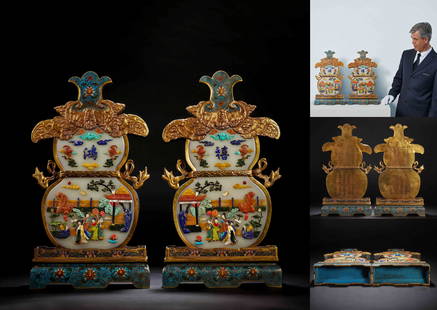 Pair of Chinese Hard-stones Inlaid Double Gourds Panels: Pair of Chinese Hard-stones Inlaid Double Gourds Panels. L 30cm; H 54cm; 11.2kg