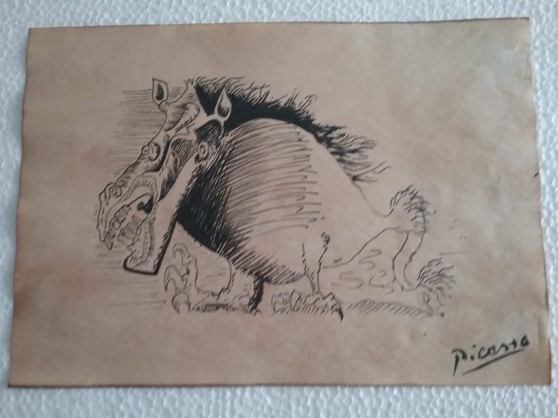Pablo picasso drawing with feather on paper: Signed and Stamped Pablo Picasso Spanish Artist Mixed Media on Paper, on verso inscribed \\\"Succ. Pablo Picasso Coll. Marina Piccaso\\\", \\\"Gallerie Mathias Fels Paris\\\". Aprox size 20 x 30 cm. T