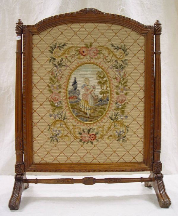 532 VICTORIAN NEEDLEPOINT FIREPLACE SCREEN IN CARVED W