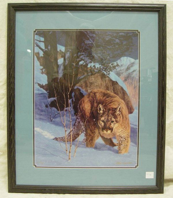 FRAMED PRINT BLUE MOUNTAIN LION SIGNED GREG BEECHA: FRAMED PRINT BLUE MOUNTAIN LION SIGNED GREG BEECHAM 29 1/2" X 24"