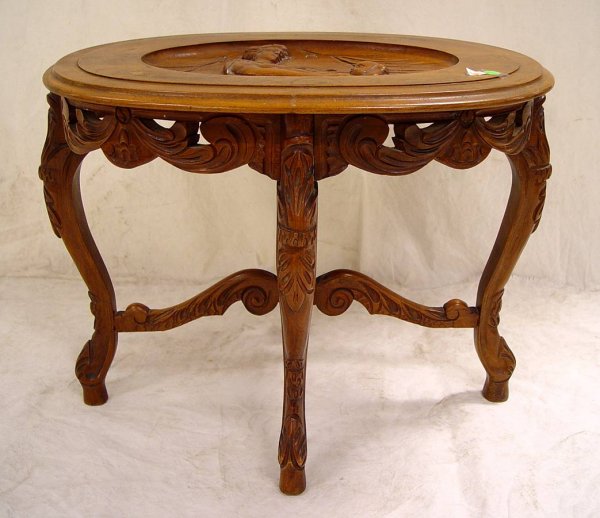COFFEE TABLE WITH CARVED SCENE OF MOTHER & CHILD 20"