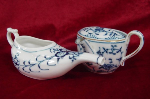 2 BLUE & WHITE PORCELAIN NURSING PITCHERS UNMARKED