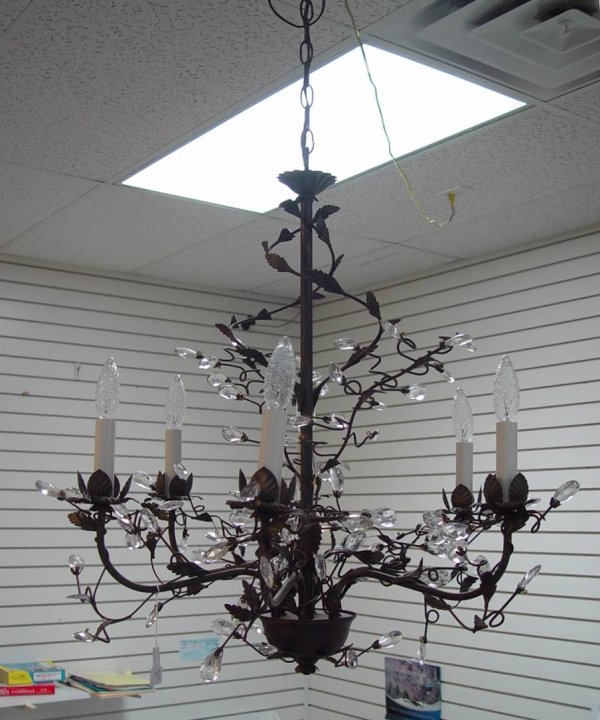 SIX LIGHT WROUGHT IRON CHANDELIER WITH CRYSTAL PRIS