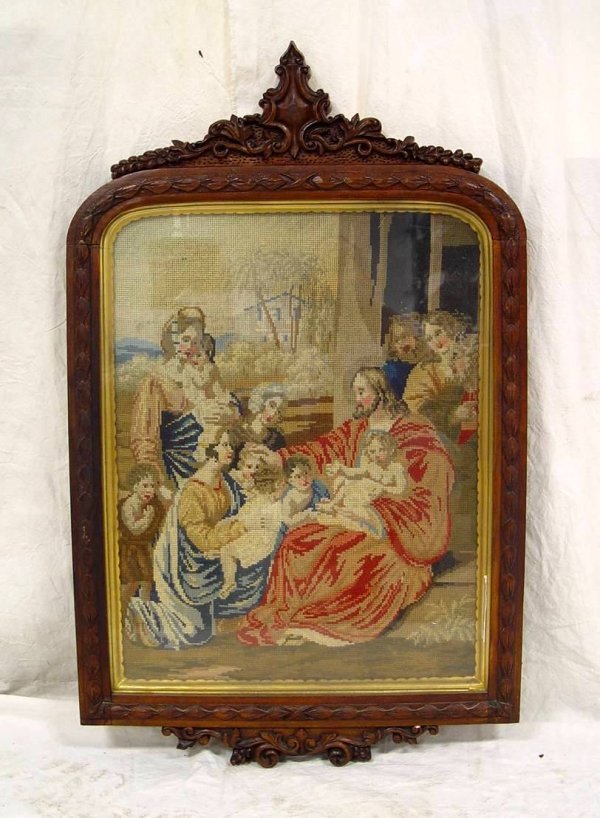 SCENIC NEEDLEPOINT IN ROSEWOOD CARVED FRAME 36" TAL