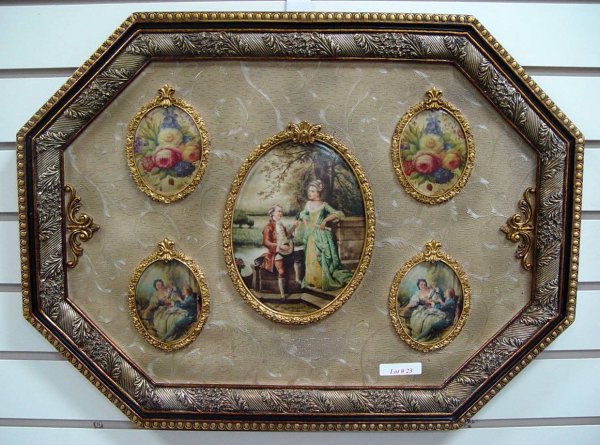 WALL PLAQUE WITH 5 SCENIC PORCELAINS 17" X 23"