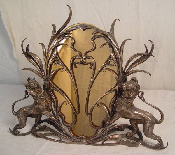 BRONZE LION FIGURAL TABLE MIRROR 17" TALL 22" ACROS