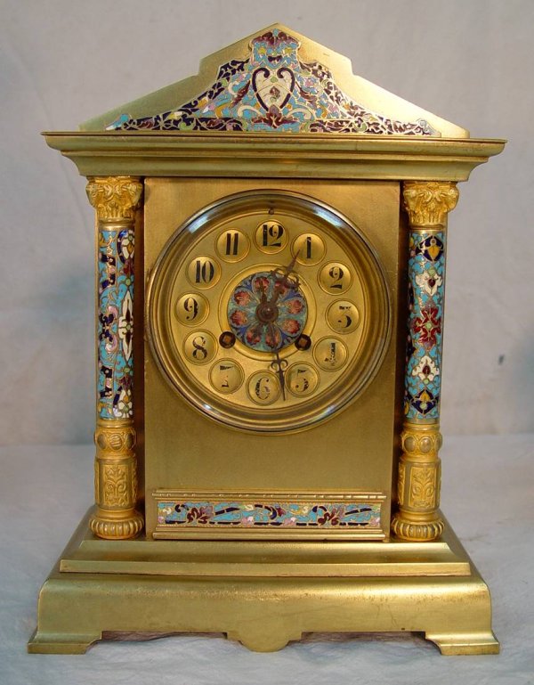 BRONZE & CHAMPLEVE MANTEL CLOCK 12" TALL 9" WIDE 5"