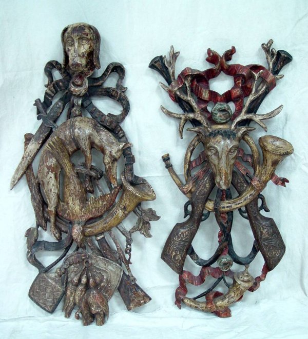 PAIR 18th CENTURY POLYCHROME CARVED HUNTING LODGE W