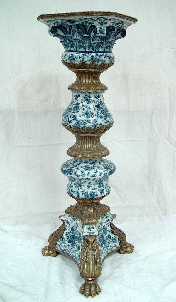 LARGE BRONZE WITH BLUE & WHITE PORCELAIN PEDESTAL 4