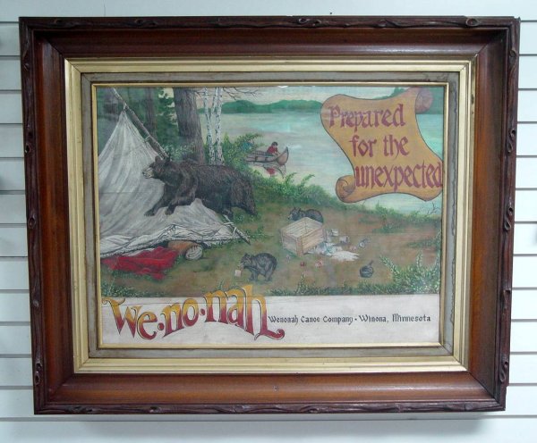 PAINTING ON PANEL ADVERTISING WENONAH CANOE C. IN C