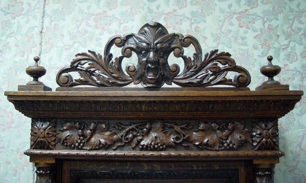 HEAVILY CARVED QUARTER SAWN OAK CABINET WITH GARGO - 3