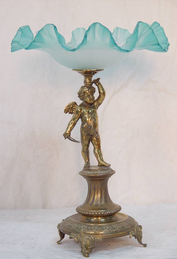 VICTORIAN CHERUB FIGURAL COMPOTE WITH BLUE SATIN G