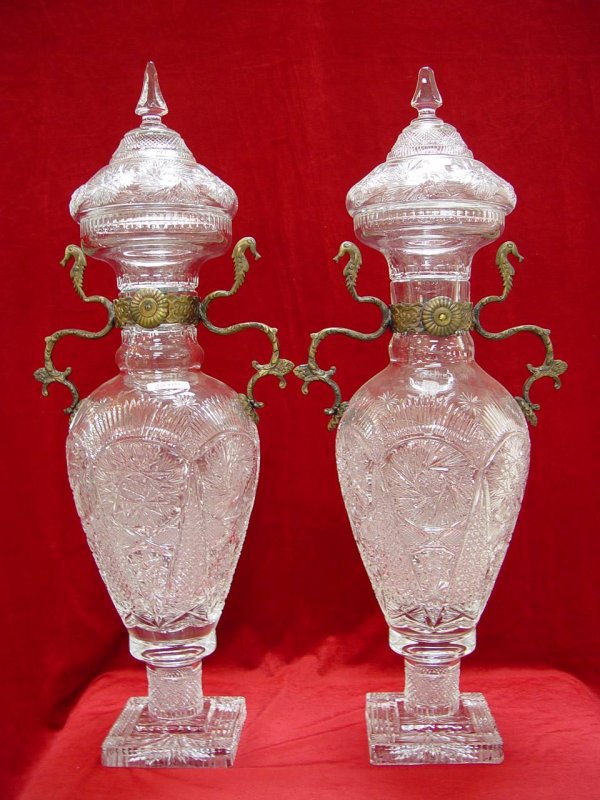 PAIR CUT GLASS CAPPED VASES WITH METAL HANDLES 31"