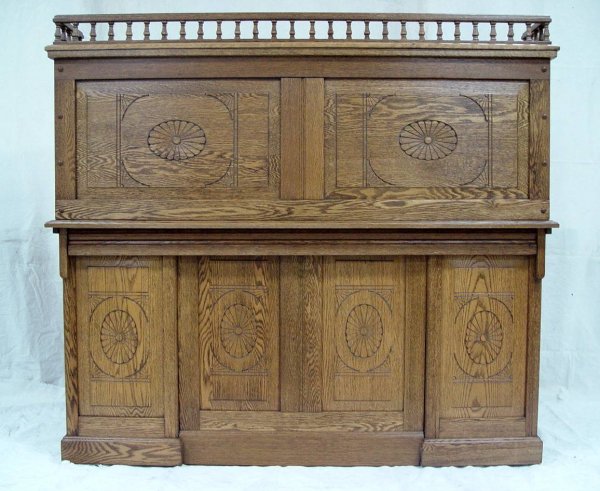 CARVED OAK S ROLL TOP DESK WITH CARVED RAISED PANE - 5