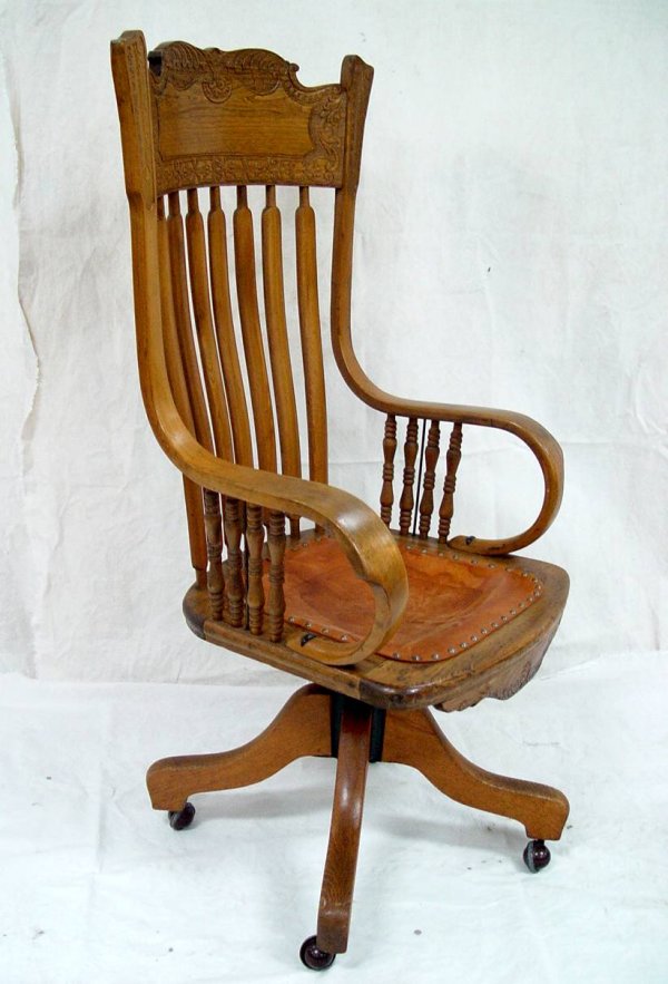 CARVED OAK SWIVEL OFFICE CHAIR WITH BENTWOOD ARMS