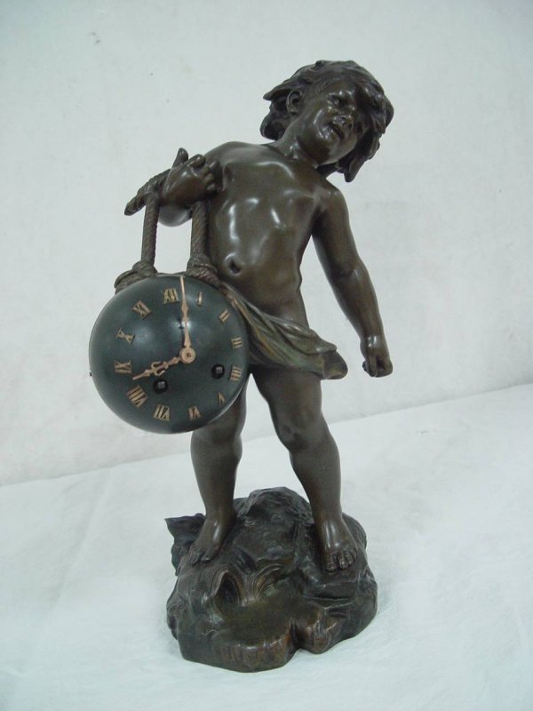 CHERUB FIGURAL FRENCH BRONZE PATINAED MANTEL CLOCK