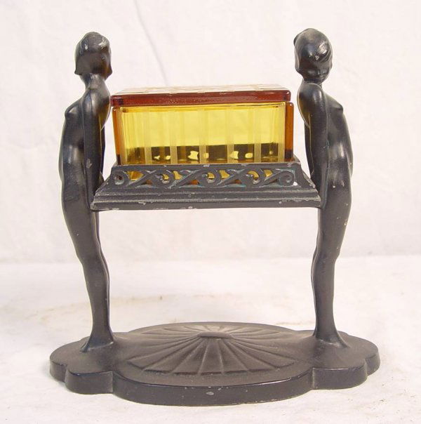 FRANKART CIGARETTE BOX NO. CP 804X AMBER GLASS BOX: FRANKART CIGARETTE BOX NO. CP 804X AMBER GLASS BOX IN FIGURAL HOLDER 10" TALL 9 1/2" WIDE 5" DEEP