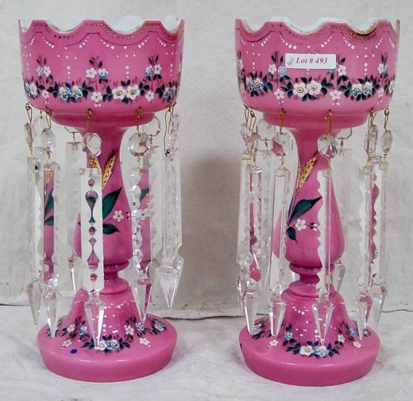PAIR PINK VICTORIAN ENAMEL DECORATED LUSTRES 13 1/