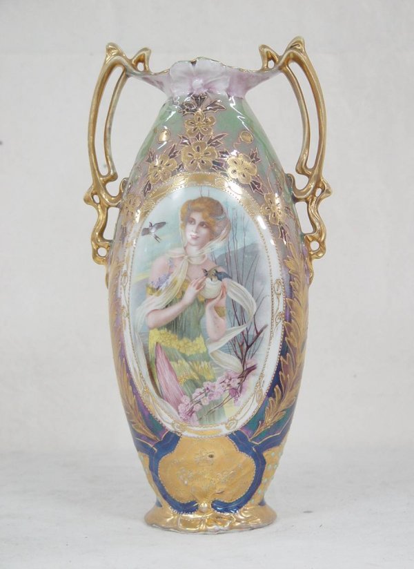 SCENIC ART NOUVEAU TWO HANDLE VASE SIGNED PROV. SA