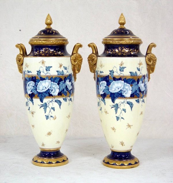 PAIR HAND DECORATED COALPORT PORCELAIN VASES 13" T