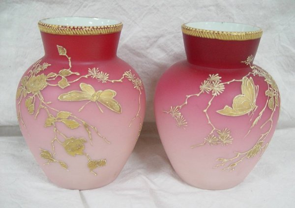 PAIR ENAMEL DECORATED PINK VASES WITH BUTTERFLIES