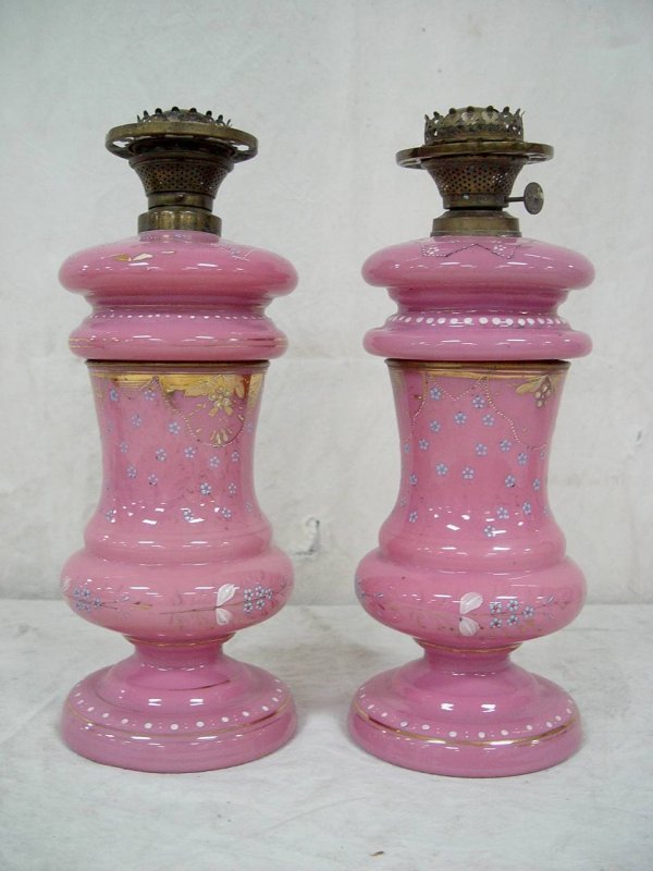 PAIR HAND DECORATED BRISTOL GLASS OIL LAMPS 23" TA