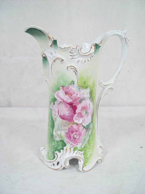 R.S. PRUSSIA TANKARD WITH FLOWERS 11 1/2" TALL 9"