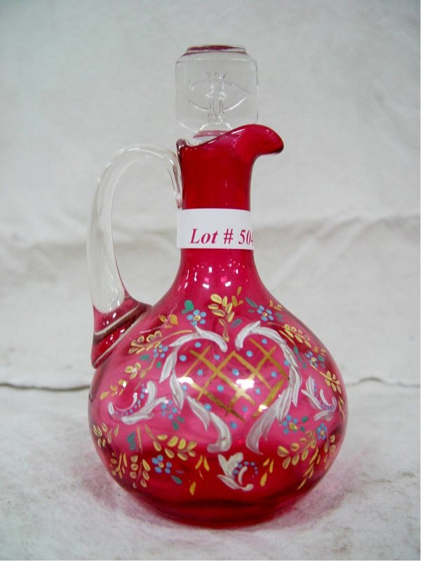 VICTORIAN CRANBERRY CRUET WITH ENAMEL DECORATION 6