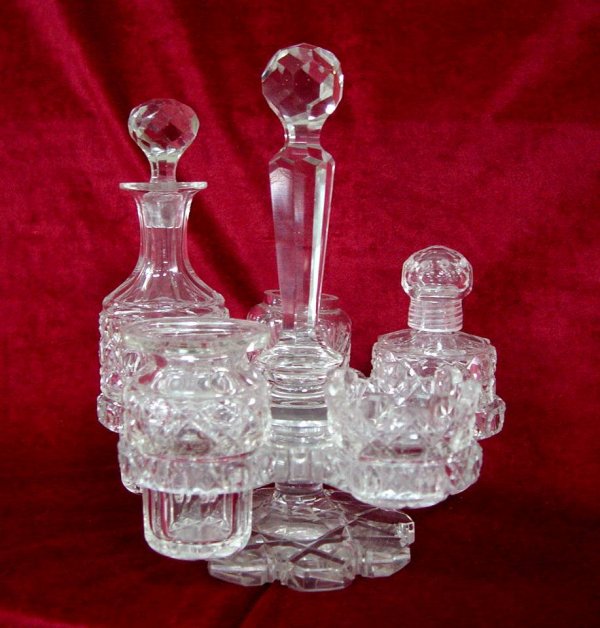 CUT GLASS CONDIMENT SET 9" TALL 7" ACROSS