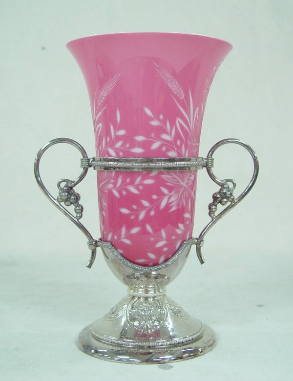 PINK CUT TO WHITE COMPOTE IN SILVER HOLDER SIGNED