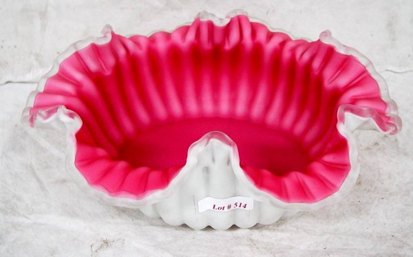 PINK & WHITE RIBBED GLASS BRIDES BOWL 5" TALL 13"