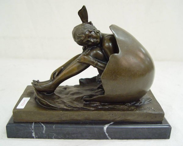 BRONZE GIRL IN SHELL ARTIST SIGNED 9" TALL 11" WID - 2
