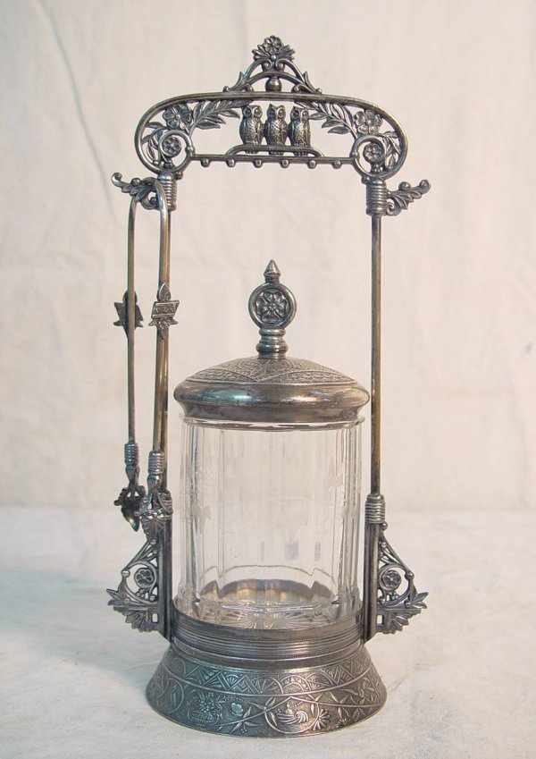 ETCHED GLASS PICKLE CASTER IN SILVER PLATE HOLDER 