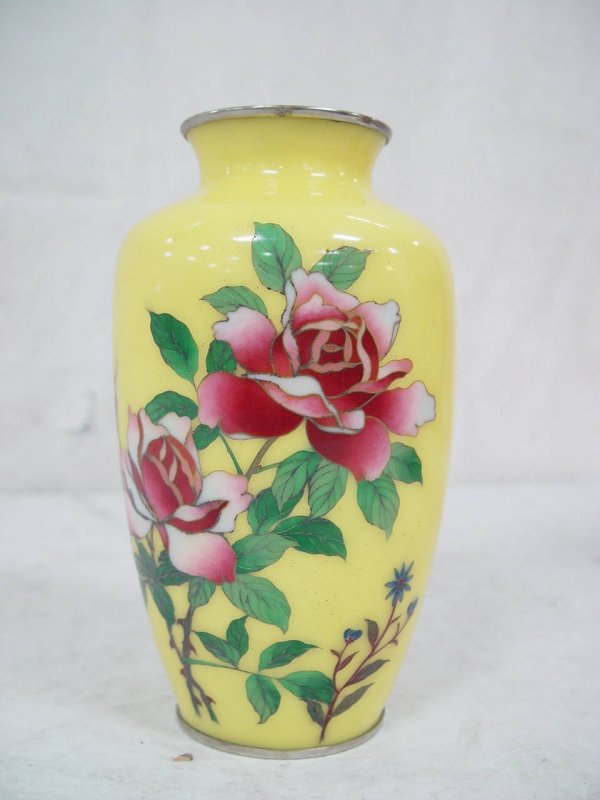 YELLOW CLOISONNE VASE WITH ROSES AND SILVER RIMS 7
