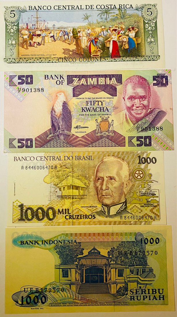 Costa Rica, Zambia, Brazil and Indonesia Currency: 1989 Currency of Costa Rica Cinco Colones. Bank Of Zambia Fifty Kwacha