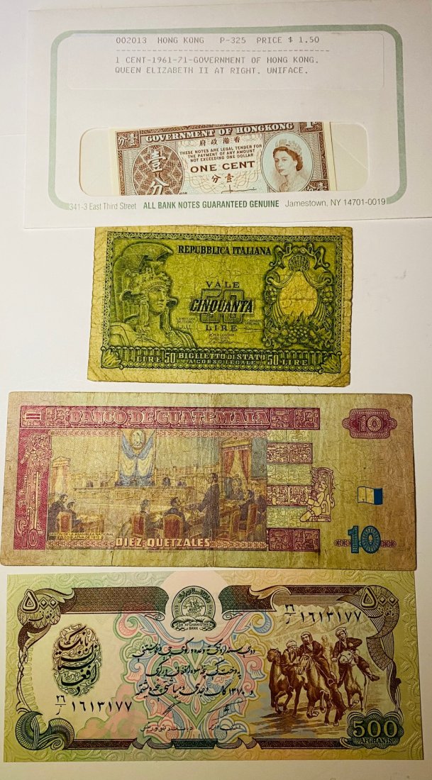 Hong Kong, Guatemala, Italy and Afghanistan Currency: Hongkong One Cent "Queen Elizabeth 2 at the right . 1961 - 71 - Government of Hong Kong. Italy Currency Ciquanta Lire Banco De Guatemal