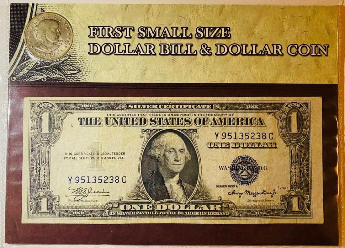 First Small Size Dollar Bill and Dollar Coin: One Dollar Bill In Silver "Silver Certificate" and Dollar Coin
