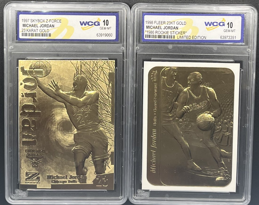 Michael Jordan Limited Edition: 1998 Fleer Michael Jordan rookie sticker limited edition and 1997 skybox Michael Jordan basketball gold card mint 10